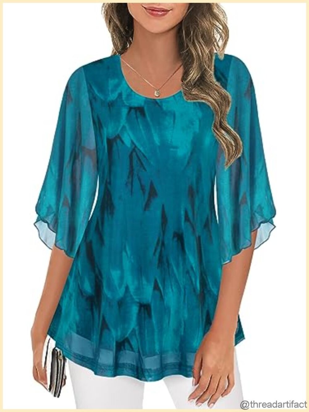 Women's 3/4 Sleeve Mesh Tunic Blouse Dressy Casual Flowy Top